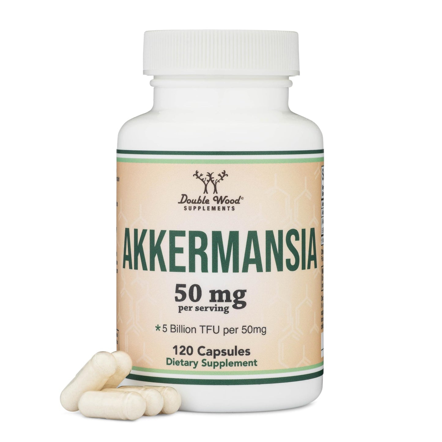 Akkermansia Probiotic and Postbiotic (Increases GLP-1 Production) 120 Capsules, 50mg per Serving (Third Party Tested to 5 Billion TFU per Serving, 50 Billion CFU per Gram) by Double Wood