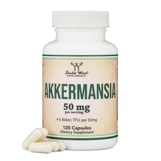 Akkermansia Probiotic and Postbiotic (Increases GLP-1 Production) 120 Capsules, 50mg per Serving (Third Party Tested to 5 Billion TFU per Serving, 50 Billion CFU per Gram) by Double Wood