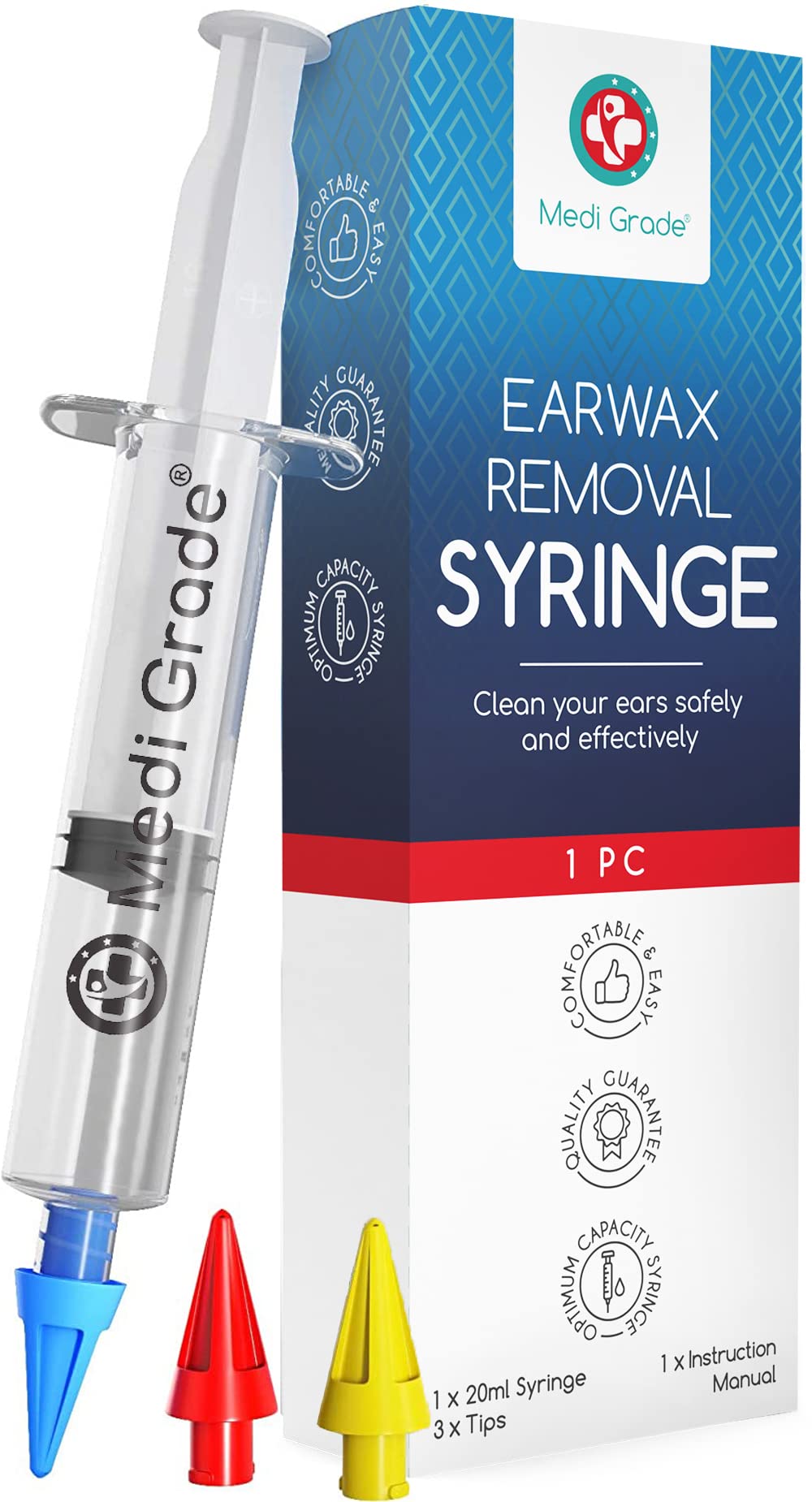 Medi Grade Ear Syringe Ear Wax Removal Kit with 3 Quad-stream Tips