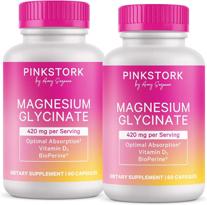 Pink Stork Magnesium Glycinate with Vitamin D, 60 Capsules | Magnesium Supplement for Women, Supports Natural Calm, Mood, and Sleep, Hormone Balance for Women, 1 month supply