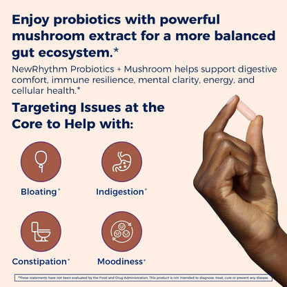 NewRhythm Probiotics 35 Billion CFU, Mushroom Probiotics Supplement for Women & Men, 7 Mushroom Extract, Turkey Tail, Reishi, Lion's Mane, Natural Prebiotics, Digestive & Immune, 30 Caps