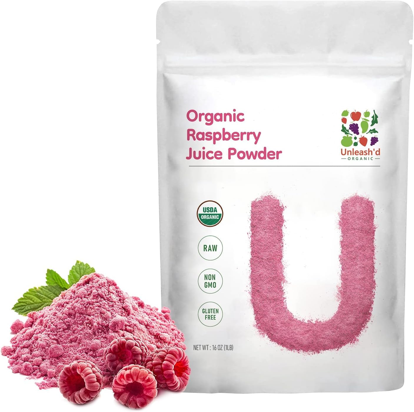 Unleash’d Organic Organic Raspberry Juice Powder 16oz – 100% Pure Superfood, Antioxidant-Rich & Nutrient-Dense