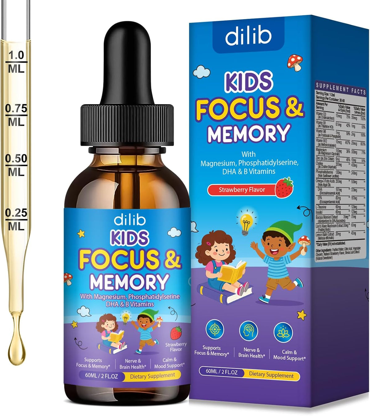 Kids Focus and Attention Drops with Phosphatidylserine, Lion’s Mane Mushroom, Magnesium Glycinate, Omega 3, Bacopa Monnier, Brain Supplements for Memory and Focus, Sleep Clam Mood, Strawberry 2 Fl Oz