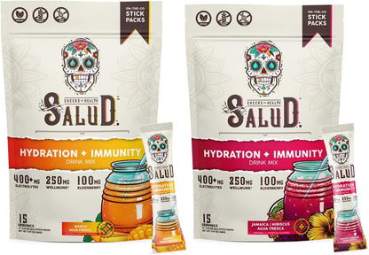 Salud 2-Pack | 2-in-1 Hydration + Immunity (Mango) & Hydration + Immunity (Hibiscus) – 15 Servings Each, Agua Fresca Drink Mix, Non-GMO, Gluten Free, Vegan, Low Calorie, 1g of Sugar