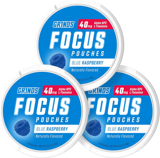GRINDS Focus Pouches | Naturally Flavored with Nootropic Ingredients | Contains Alpha GPC and L-Theanine | Sugar-Free | 3 Pack | 18 Pouches Per Can | Blue Raspberry