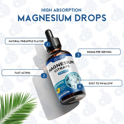 Magnesium Citrate Liquid Magnesium Drops Supplement 500mg-Support Stress Relief, Bone, Muscle, Mood, Sleep-2 Fl Oz, Vegan, Pineapple Flavor