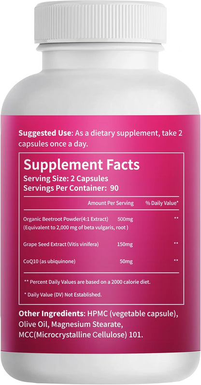 VivoNu Beetroot Capsules | Beet Root Supplement* 2,000 mg of Beet Root Powder, Enriched with CoQ10 and Grape Seed Extract，Healthy sBlood Pressure Levels and sCardiovascular* Wellness