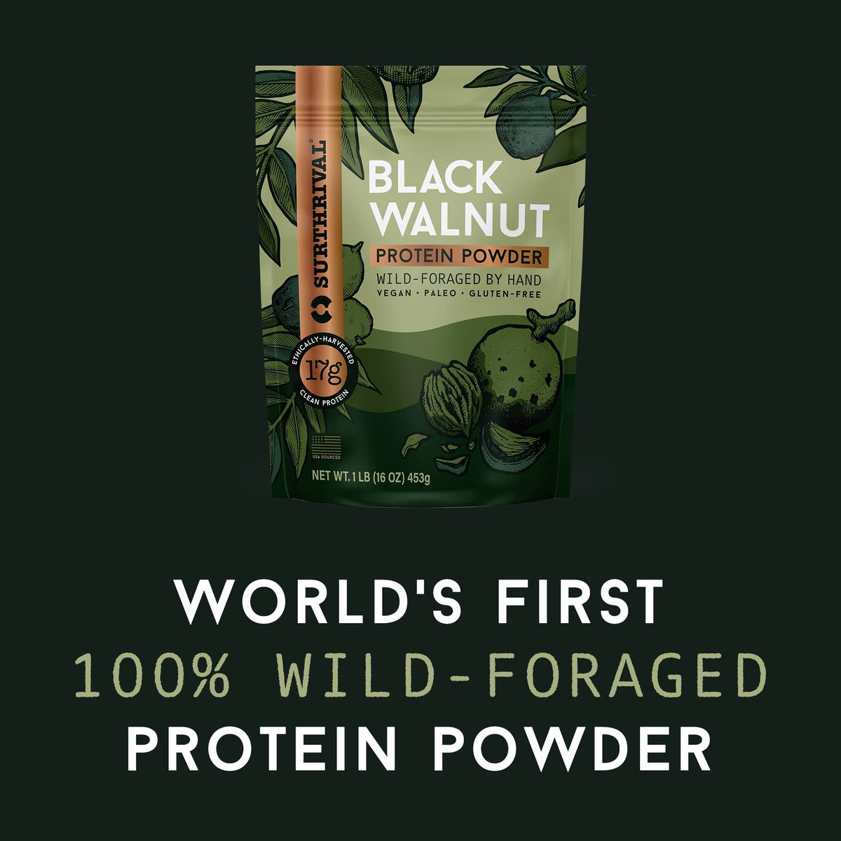 Surthrival: Black Walnut Protein Powder, Wild-Foraged, Ethically-Harvested, 17g Protein