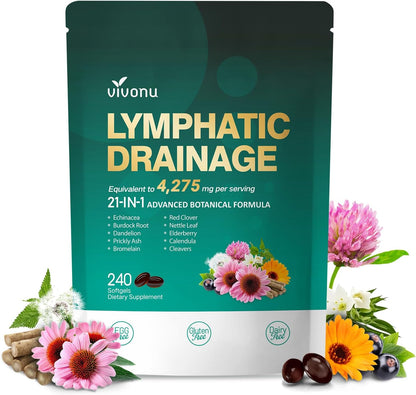 Lymphatic Drainage Supplement, Lymph System Support Supplement for Women & Men, 21-in-1 Herbal Blend with Echinacea, Dandelion, Burdock, Bromelain, Calendula, Turmeric & More