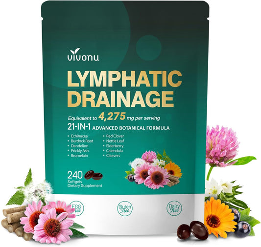 Lymphatic Drainage Supplement – 4275mg per Serving, 21-in-1 Advanced Botanical Formula, Lymph System Support with Echinacea, Dandelion, Burdock, Bromelain, Calendula, Turmeric – 240 Softgels, 1 Bag