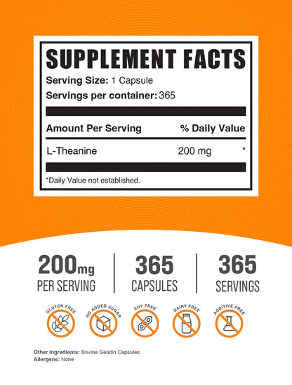 BulkSupplements.com L-Theanine Capsules - L-Theanine Supplement, L-Theanine 200mg, Theanine Pills - Amino Amino Supplement, Gluten Free - 1 Theanine Capsule per Serving, 365 Capsules