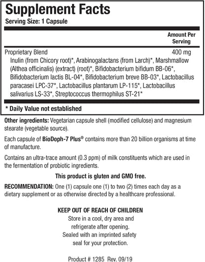 Biotics Research BioDoph7 Plus Prebiotics Probiotics for Women/Men - 400 mg - Daily Probiotic Promotes Digestive Health, Gut Health, Clearer Skin - 60 Capsules