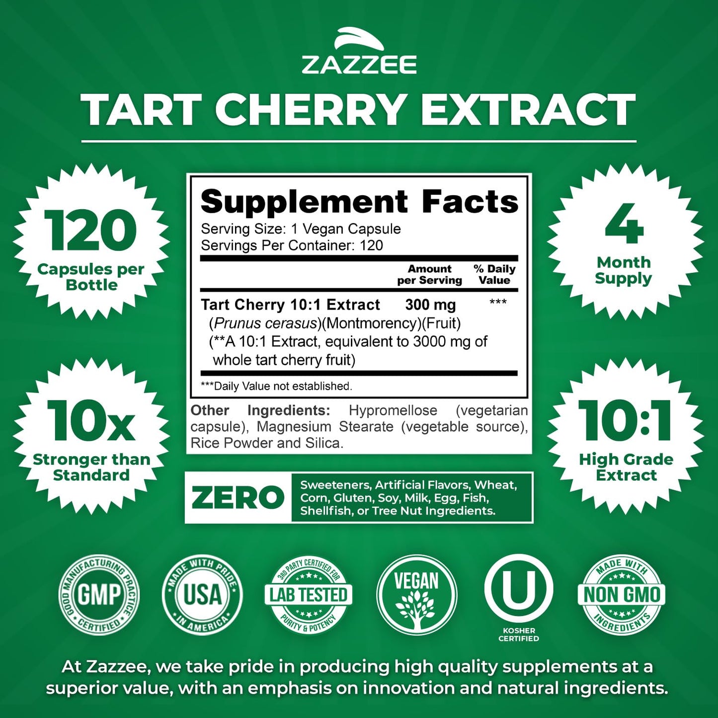 Zazzee Tart Cherry 10:1 Extract, 200 Vegan Capsules, 6+ Month Supply, Montmorency Cherry, Certified Kosher, Joint & Uric Acid Support, Antioxidant Support Formula, Non-GMO, Made in the USA