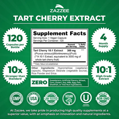 Zazzee Tart Cherry 10:1 Extract, 200 Vegan Capsules, 6+ Month Supply, Montmorency Cherry, Certified Kosher, Joint & Uric Acid Support, Antioxidant Support Formula, Non-GMO, Made in the USA