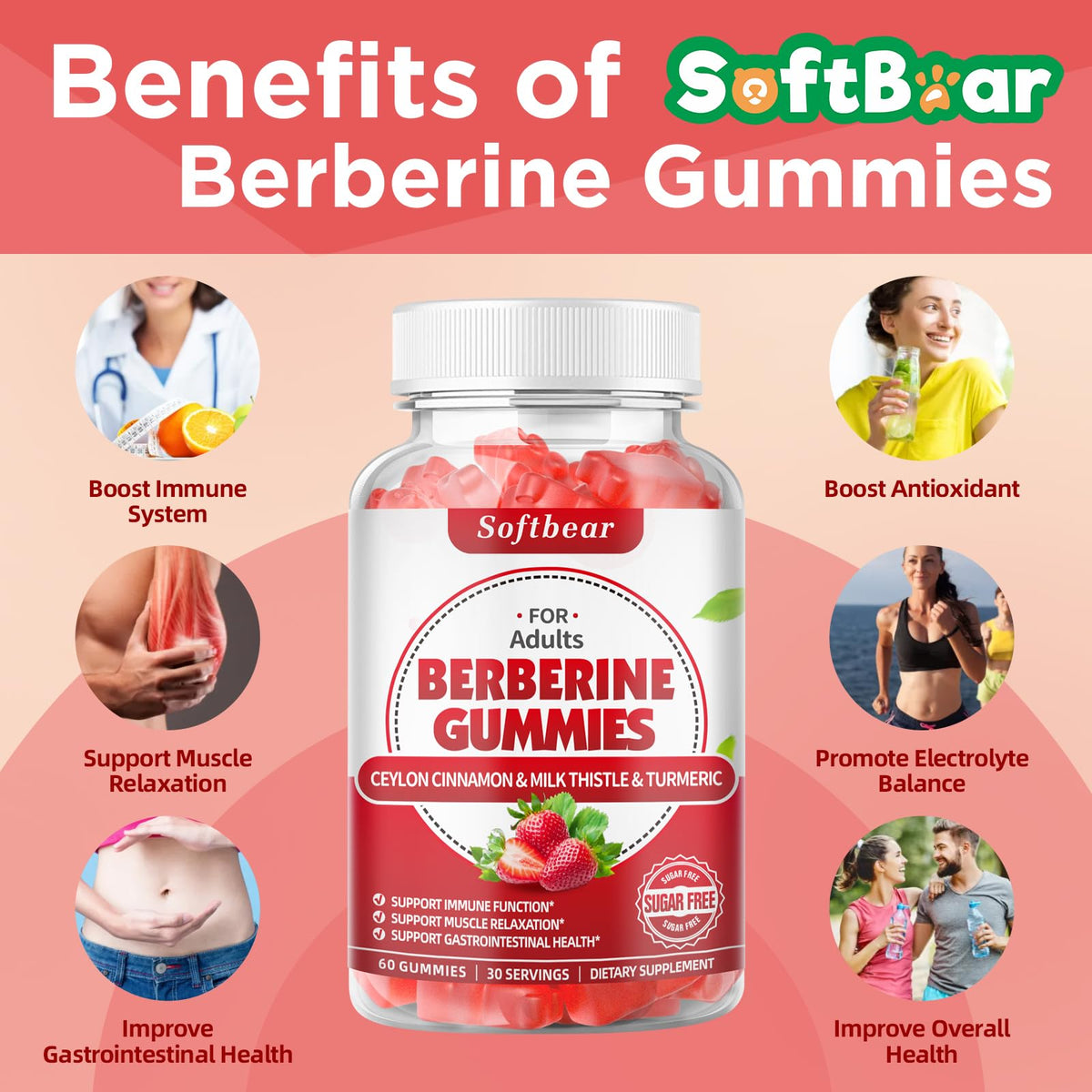 softbear Berberine with Ceylon Cinnamon Gummies-99% Purity Berberine HCL Supplements