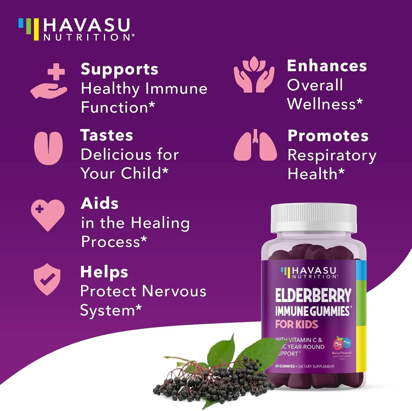 Elderberry Gummies for Kids with Vitamin C & Zinc, Berry, 30 Servings | Vegan, Non-GMO, Gluten Free Immune Support for Children, Daily Defense with Antioxidants & Essential Nutrients, 60 Count