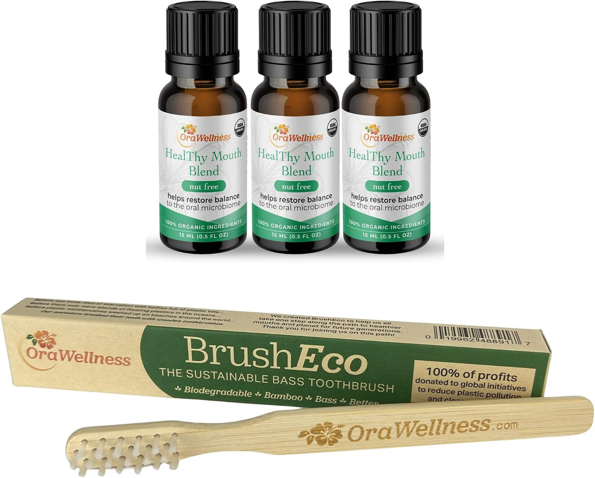 OraWellness Nut Free Healthy Mouth Blend Tooth Oil 3 Pack + BrushEco Bamboo Toothbrush with 3 Rows