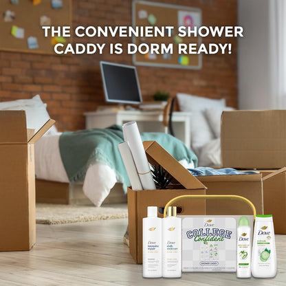Dove Shower Caddy College Confident Gift Set – Cucumber & Green Tea Body Wash, Intensive Repair Shampoo, Daily Moisture Conditioner, Cool Essentials Deodorant for Women (5 Piece Set)