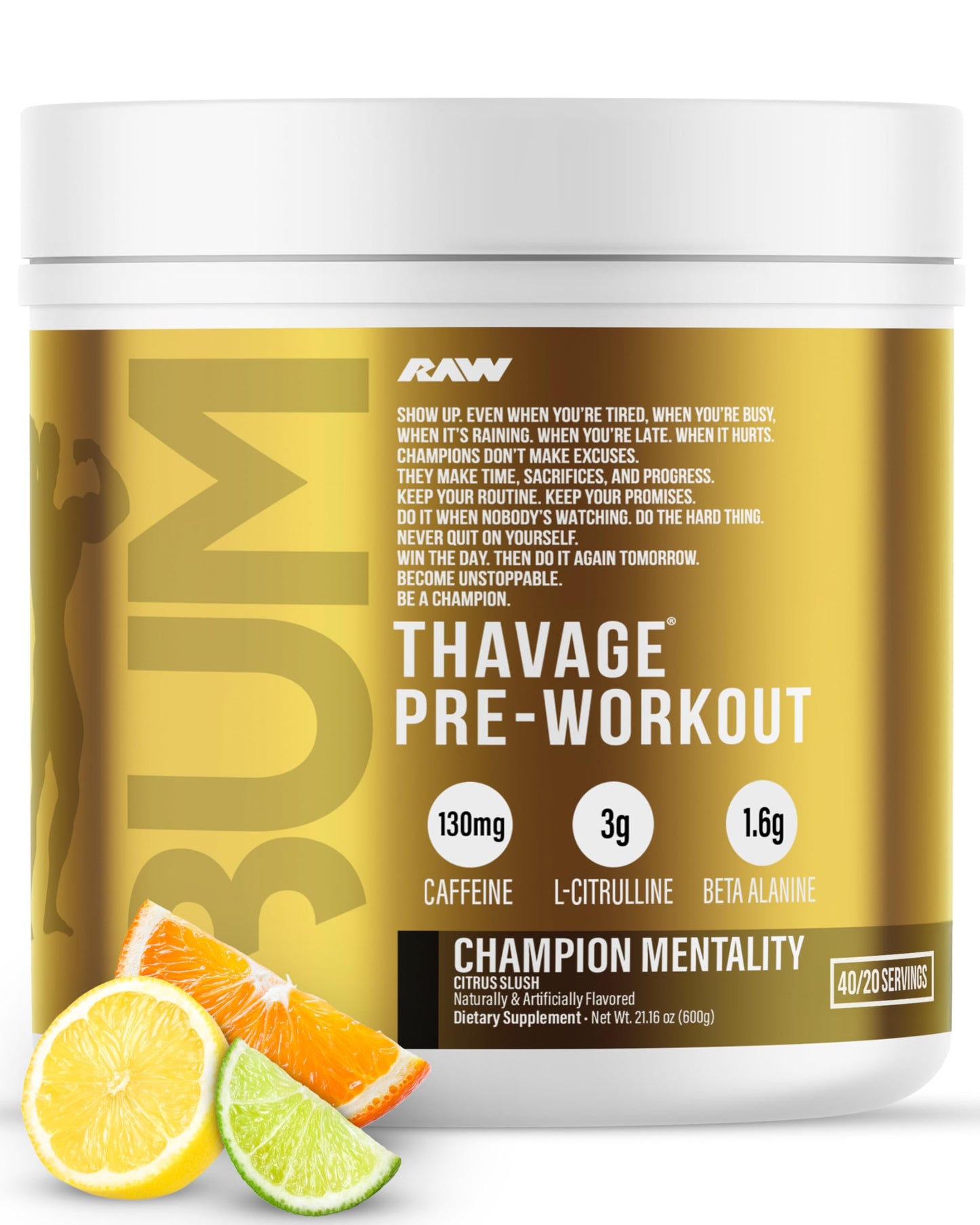 RAW Pre Workout Powder, Thavage (Beach Bum) - Chris Bumstead Sports Nutrition Supplement for Men & Women - Cbum Pre Workout for Working Out, Hydration, Mental Focus & Energy - 40 Servings