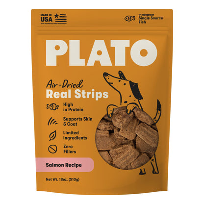 Plato Real Strips Salmon Recipe Dog Treats, Air-Dried High-Protein Soft Strips, Omega-Rich Skin & Coat Support, 18 oz