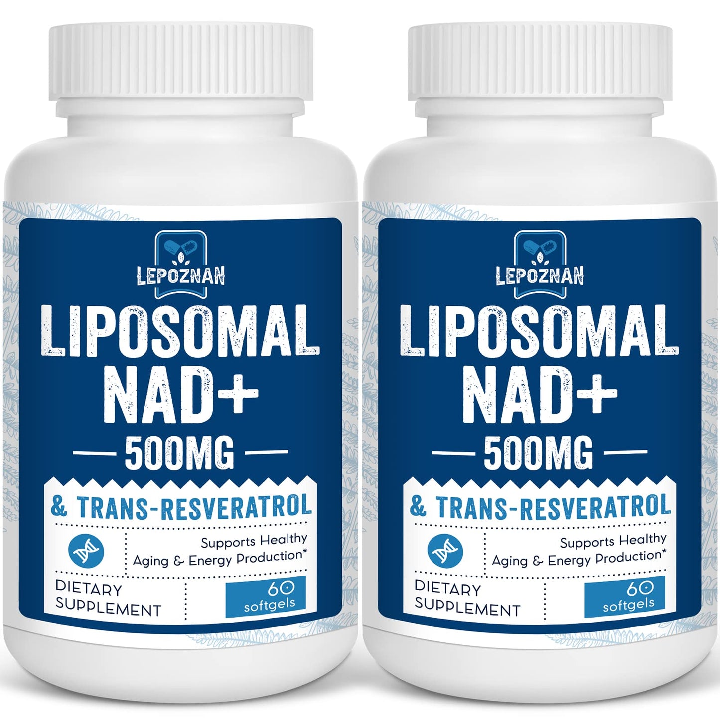 Liposomal NAD+ 500 mg + Trans-Resveratrol 300 mg, Superior Absorption True NAD Supplement Efficient for Cellular Energy Metabolism & DNA Repair, 60 Softgels