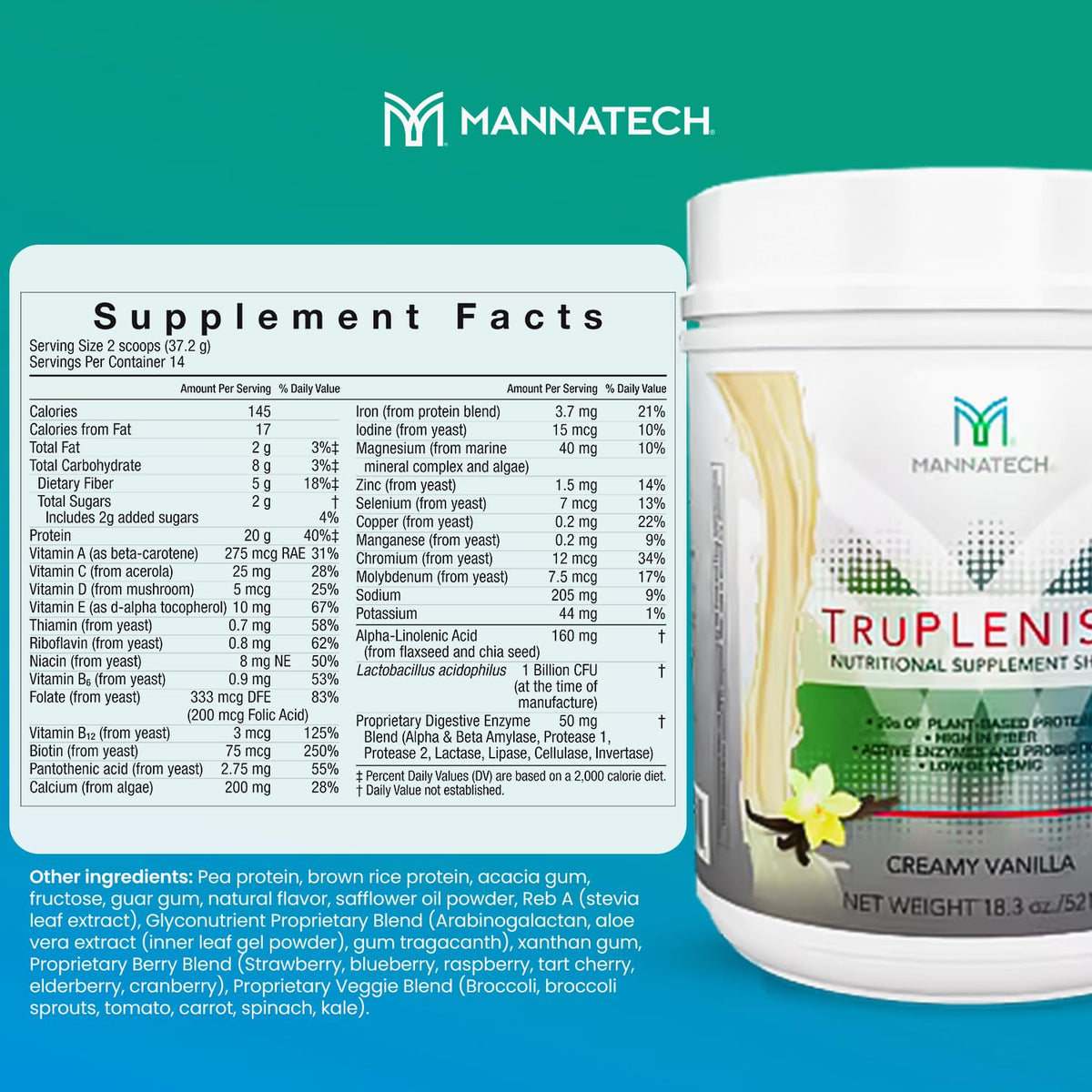 Plant Based Protein TruPLENISH Nutrition Shakes - Creamy Vanilla 18.3 oz. Full of Vitamins