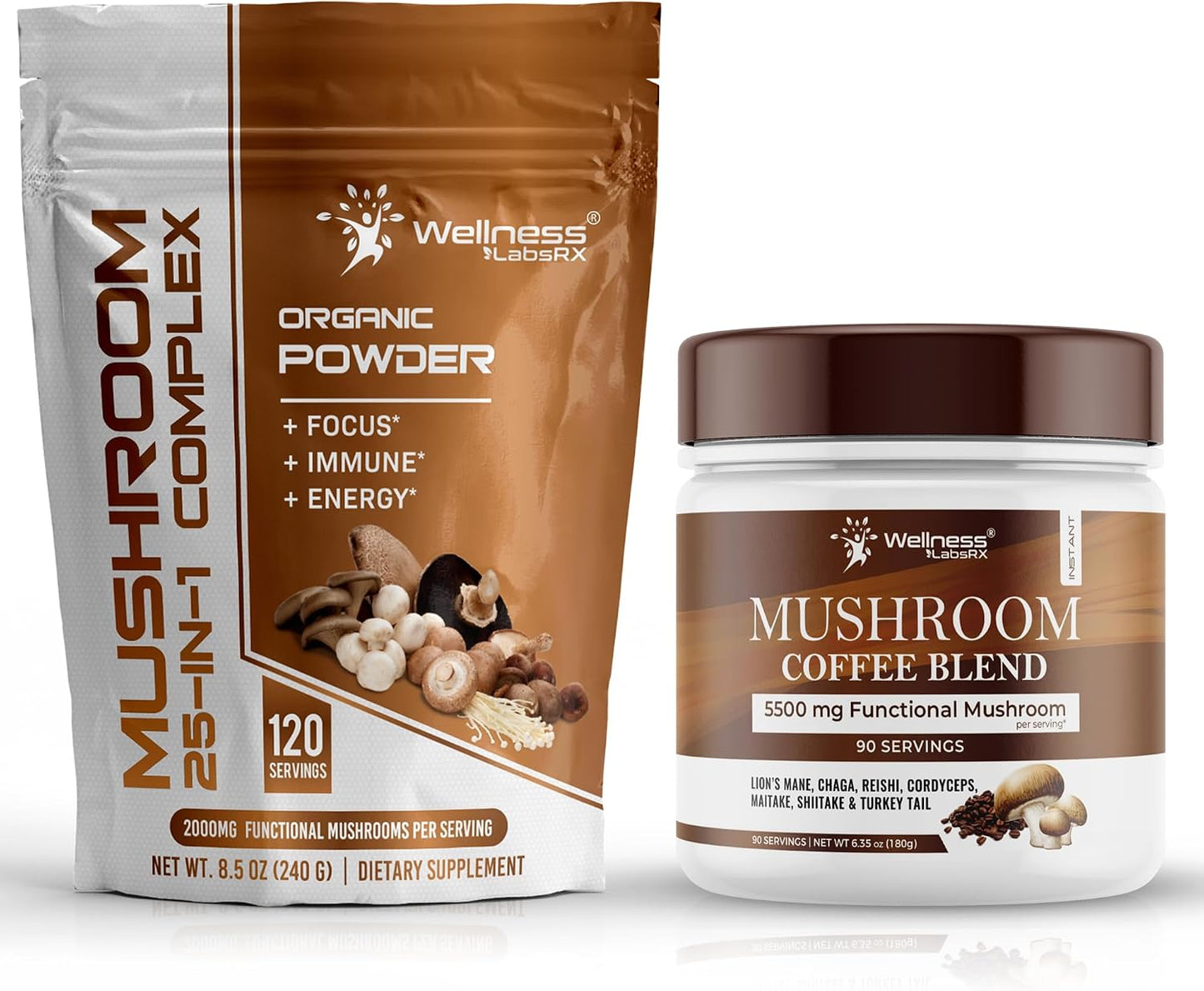 WELLNESS LABSRX Mushroom Powder 2000mg - Mushroom Coffee Blend 5500mg | Bundle