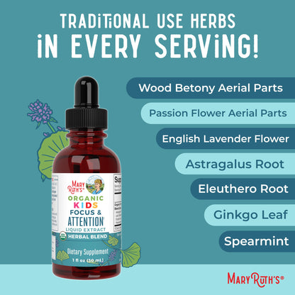 MARYRUTH'S Kids Focus & Attention Drops | USDA Organic Drops | Ginkgo Biloba | Rhodiola Root & Licorice Root | Adaptogenic | Calm | Vegan | Non-GMO | Gluten Free | 30 Servings
