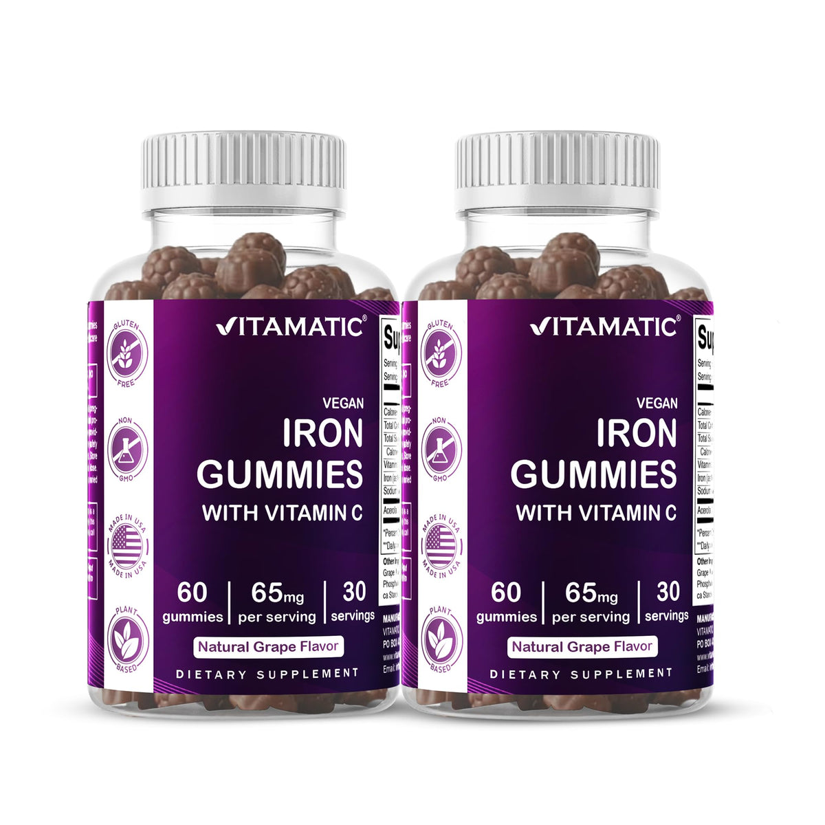 Vitamatic Iron 65 mg with Vitamin C - 60 Vegan Gummies, Made in USA | 65 mg Iron Per Serving, Natural Grape Flavor, Pectin Based, Gluten Free, Non-GMO
