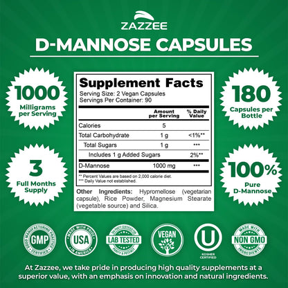 Zazzee D-Mannose, 1000 mg per Serving, 180 Vegan Capsules, 3 Month Supply, Potent & Fast-Acting, Certified Kosher, 100% Pure, All-Natural Urinary Tract Health Support, 100% Vegetarian, Non-GMO
