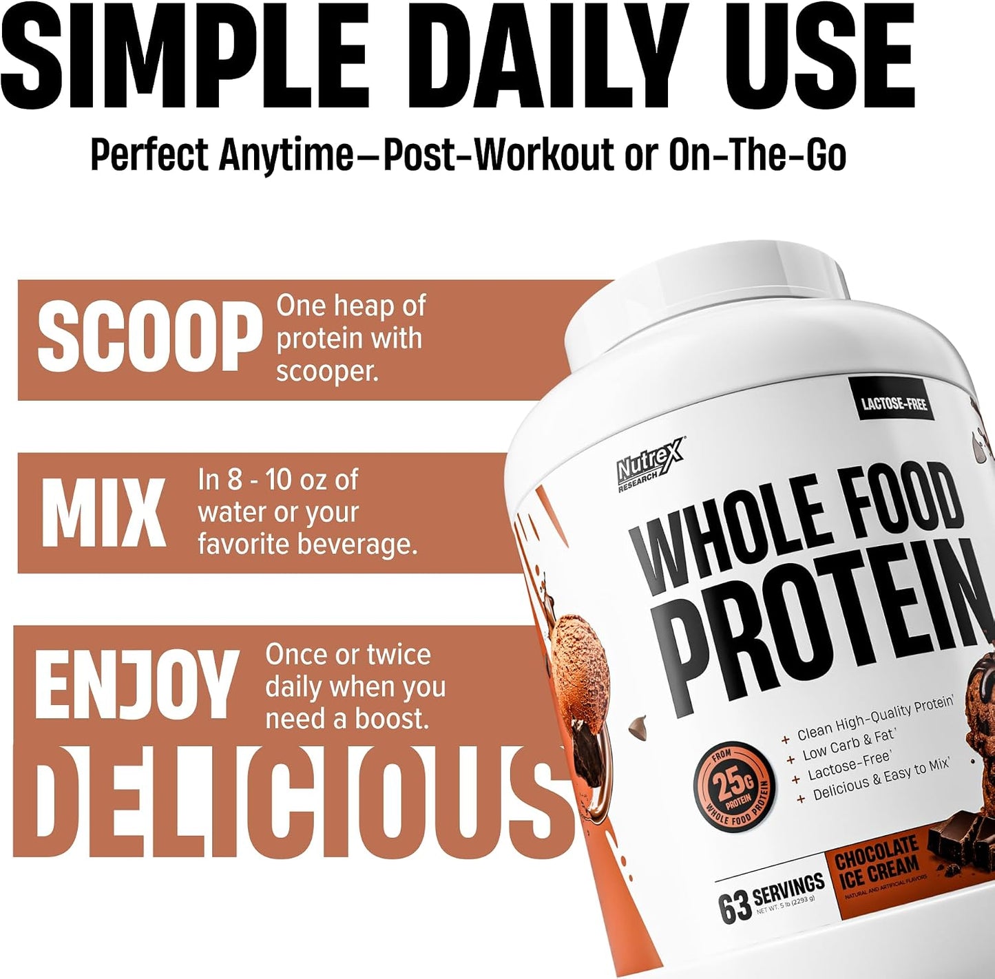 Whole Food Protein Powder - 25g Protein per Scoop, Lactose Free Protein with Beef Isolate, Collagen, Pea, Brown Rice, Chicken & Egg Protein, 0G Sugar, Keto Friendly, Chocolate Ice Cream 63 Serv