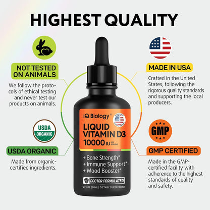 IQ BIOLOGY Organic Mullein + Liquid Vitamin D3 – Dual-Benefit Fast-Absorbing Drops | Clear Lungs, Strong Bones, Year-Round Immune & Mood Support | 2 × 2 fl oz