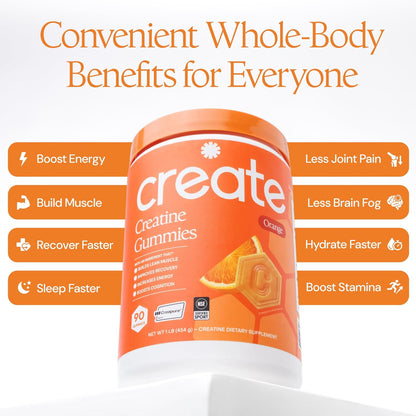 Create Creatine Monohydrate Gummies for Men & Women, Boost Focus, Strength, and Endurance, Anti-Melting Formula, Vegan, Gluten-Free, Non-GMO, 1.5g of Creatine per Gummy (Orange)