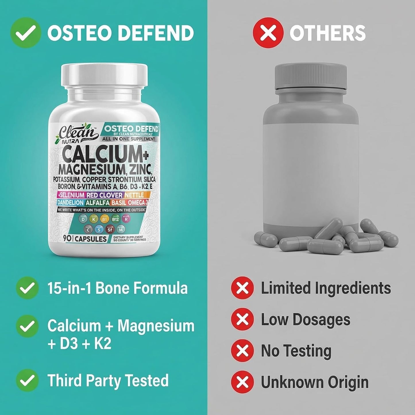Allin1 Calcium Magnesium Zinc Supplement with Potassium, Copper, Strontium, Silica, Vitamin D3 K2, Boron, Vitamin B1 B12 Red Clover Herb Alfalfa Basil Pills for Men & Women Clean Nutra Osteo Defend