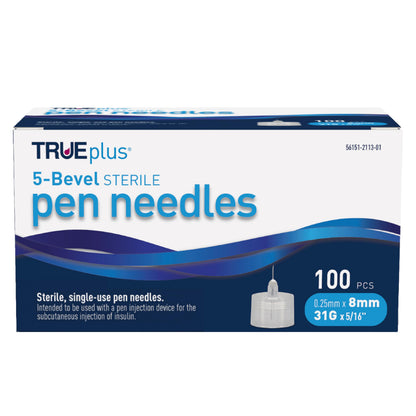 TRUEplus 5-Bevel Sterile Pen Needles, 32G x 4mm (5/32 Inch), 50 Count | For Use with Pen Injection Device, Single-Use Needles, Compatible Thread with Major Pen Devices, Silicone Coated