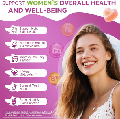 Totaria Sugar Free Womens Multivitamin Gummies with Iron, Women's Multivitamin w/Vitamins C, D3 K2, B12, B6, Filled Gummies for Daily Nutritional Support| Immune Support| Skin Health, Mixed Flavors