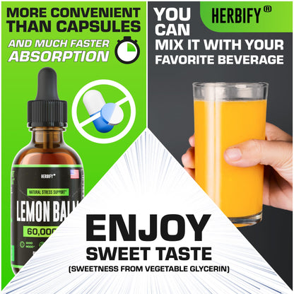 HERBIFY Lemon Balm Tincture - Melissa Officinalis Leaf Liquid Extract - Brain Support and Mood Boost - Lemon Balm Drops for Immune & Cognitive Support - 30 Days Supply - 2 Fl oz