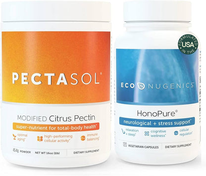 ecoNugenics Brain Health Supplement Bundle – PectaSol Modified Citrus Pectin Fiber + HonoPure Magnolia Bark Extract — Nootropic Pack for Sleep, Stress Relief, Cognitive Function, GABA Support