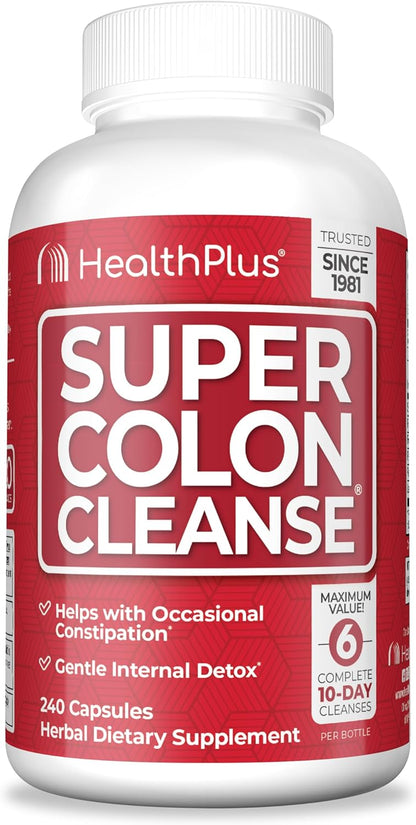 Health Plus Super Colon Cleanse 60 Day Supply of Gentle Gut Cleanse Detox, Psyllium Husk, Probiotics for Constipation Relief & Digestive Support, 240 Capsules