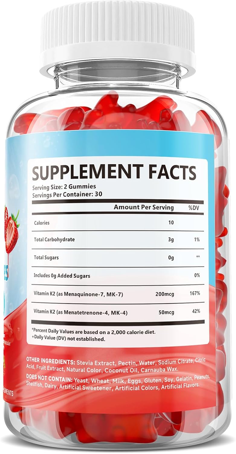 Vitamin K2 Gummies, Dual Formula Vitamin K2 Supplement with MK-7 & MK-4, Supports Bone Health, Gluten-Free, Sugar-Free, Non-GMO, Strawberry Flavor, 60 Gummies