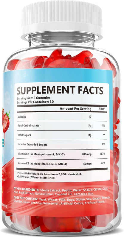 Vitamin K2 Gummies, Dual Formula Vitamin K2 Supplement with MK-7 & MK-4, Supports Bone Health, Gluten-Free, Sugar-Free, Non-GMO, Strawberry Flavor, 60 Gummies