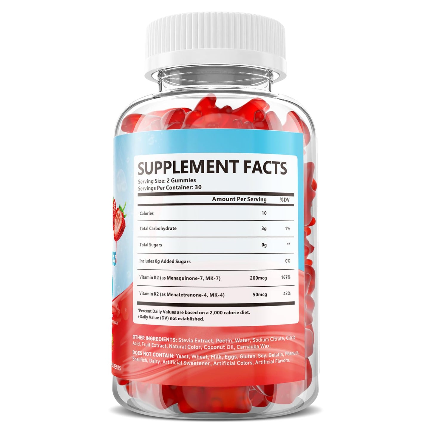 Vitamin K2 Gummies, Dual Formula Vitamin K2 Supplement with MK-7 & MK-4, Supports Bone Health, Gluten-Free, Sugar-Free, Non-GMO, Strawberry Flavor, 60 Gummies