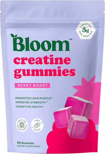 Bloom Nutrition Creatine Monohydrate Gummies, Berry Boost, 12 Servings | 5g Per Serving, Sugar Free Creatine Gummy for Workout, Strength, Cognitive Health & Lean Muscle Support, Gluten Free, Non GMO