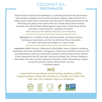 Desert Essence Tea Tree Oil Toothpaste - Coconut Mint - 6.25 Oz - Refreshing Taste - Complete Oral Care - Baking Soda - Sea Salt - Pure Essential Oil - Fights Against Sugar Acids - Zinc Citrate