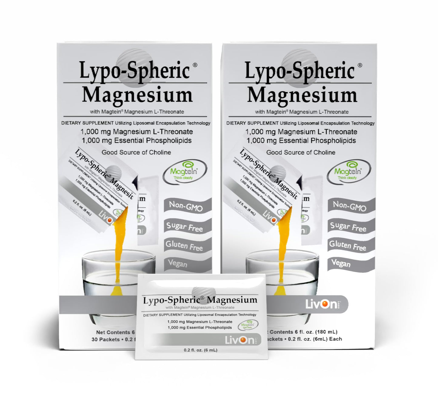 Lypo–Spheric Magnesium L–Threonate – 30 Packets – 1,000 mg Magnesium Per Packet – Liposome Encapsulated for Improved Absorption – Professionally Formulated & 100% Non–GMO