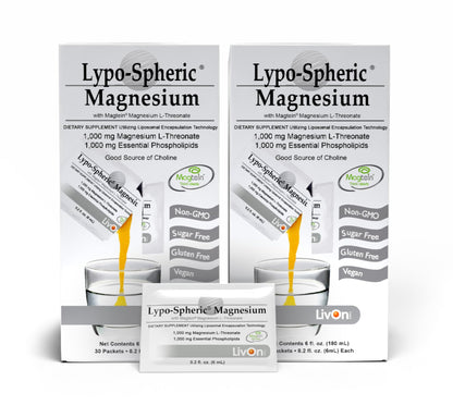 Lypo–Spheric Magnesium L–Threonate – 30 Packets – 1,000 mg Magnesium Per Packet – Liposome Encapsulated for Improved Absorption – Professionally Formulated & 100% Non–GMO