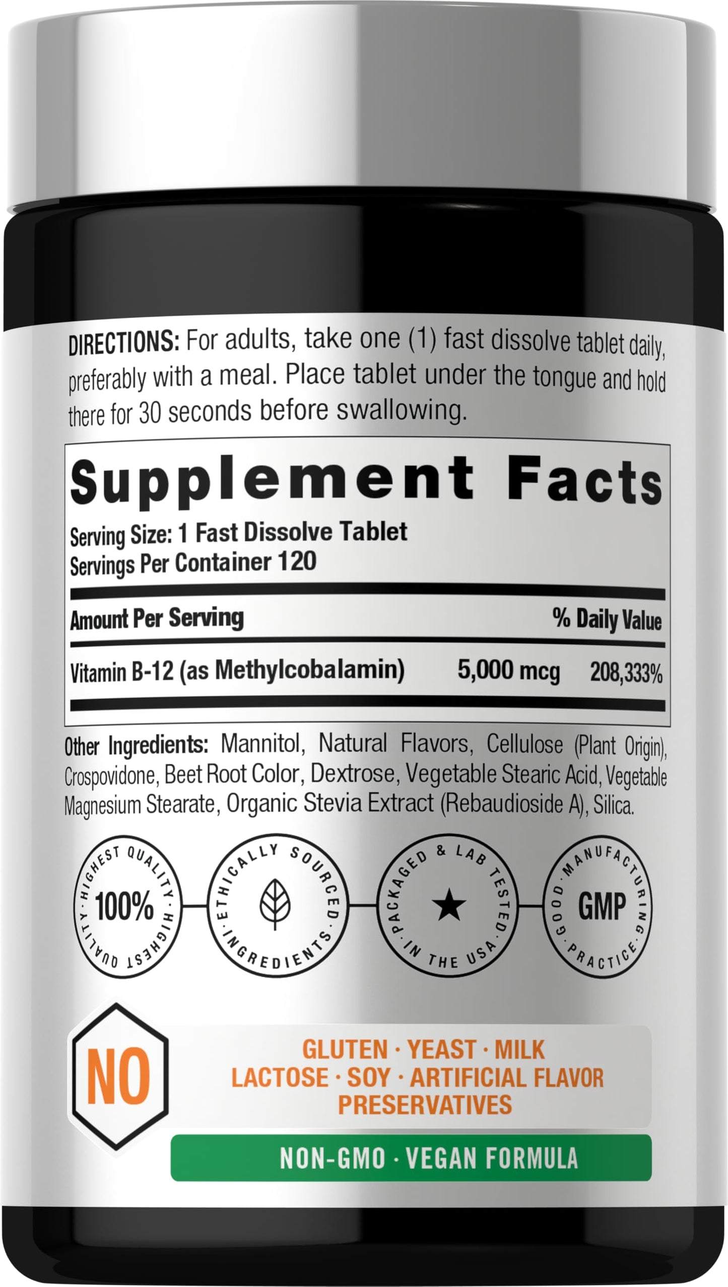 Horbäach B12 Vitamin 5000 mcg | 120 Fast Dissolve Tablets | Sublingual Methylcobalamin | Natural Berry Flavor | Vegan, Non-GMO & Gluten Free Supplement