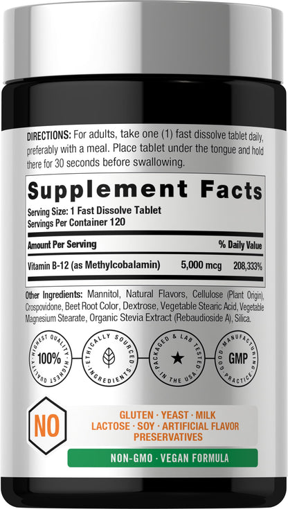 Horbäach B12 Vitamin 5000 mcg | 120 Fast Dissolve Tablets | Sublingual Methylcobalamin | Natural Berry Flavor | Vegan, Non-GMO & Gluten Free Supplement