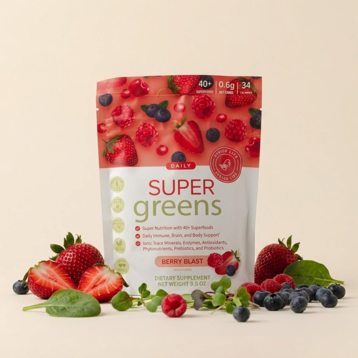SPRIGS Daily Super Greens Powder Berry Blast, 9.5 Oz, 40+ Superfoods with Probiotics, Fiber & Enzymes | Vitamins & Minerals for Energy, Brain, Body & Digestive Support | Low Sugar Greens Drink Mix