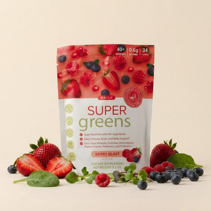 SPRIGS Daily Super Greens Powder Berry Blast, 9.5 Oz, 40+ Superfoods with Probiotics, Fiber & Enzymes | Vitamins & Minerals for Energy, Brain, Body & Digestive Support | Low Sugar Greens Drink Mix